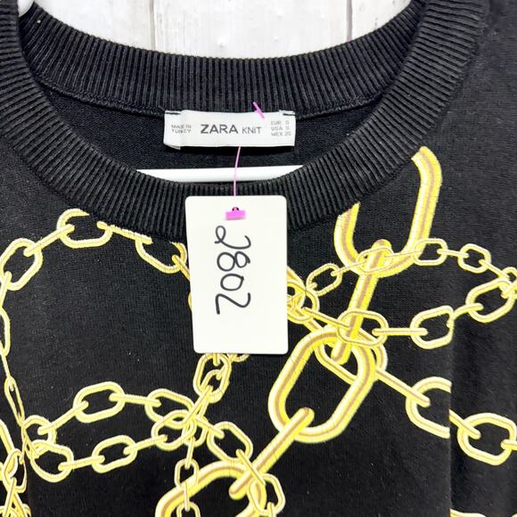 Zara Knit Sweater Women Size Small Black Gold Chain Printer Crewneck Long Sleeve - Picture 2 of 6